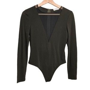 Aritzia Babaton Bodysuit Deep V Frint Mesh Long Sleeve Green Zip Back Size S